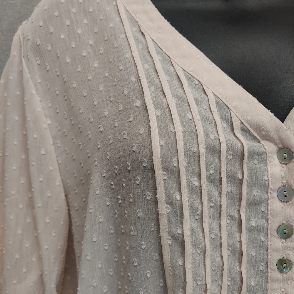 Rose + Olive Pink Swiss Dot‎ Blouse 2X Pintuck Boho Top Semi Sheer 3/4 Sleeve - Picture 4 of 15